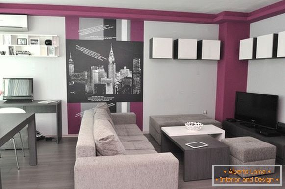 Purple accente într-un apartament studio gri