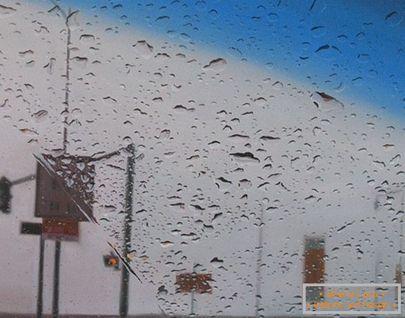 Vedere din mașină în ploaie, pictura în ulei