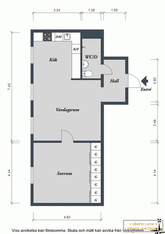 Planul unui mic apartament în Suedia