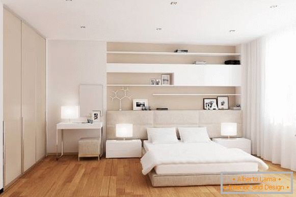Design modern al unui dormitor alb cu o podea caldă