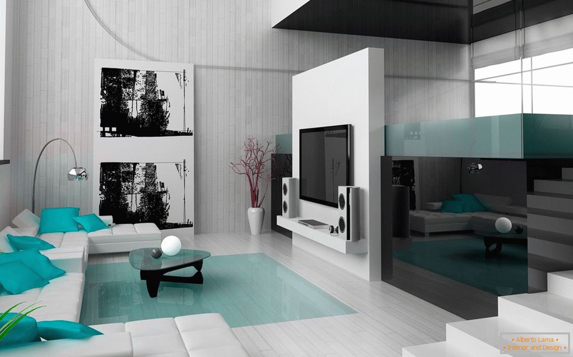 Camera de zi în culori negre și albe cu elemente de interior turcoaz