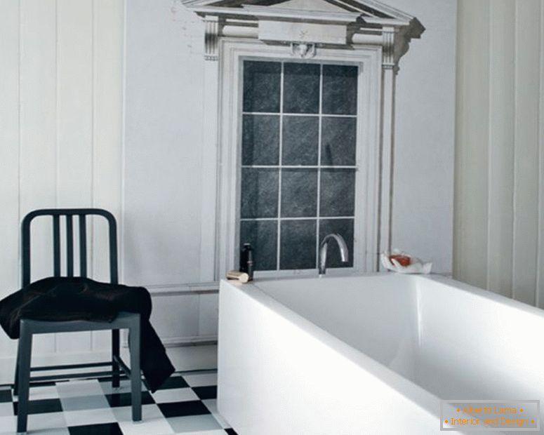 black-and-white-traditional-interior-baieroom-design-white-corian-square-baietub-black-and-white-floor-tile-vintage-plastic-stool-white-wood-frame-window-black-and-white-baieroom-ideas-interior-baie