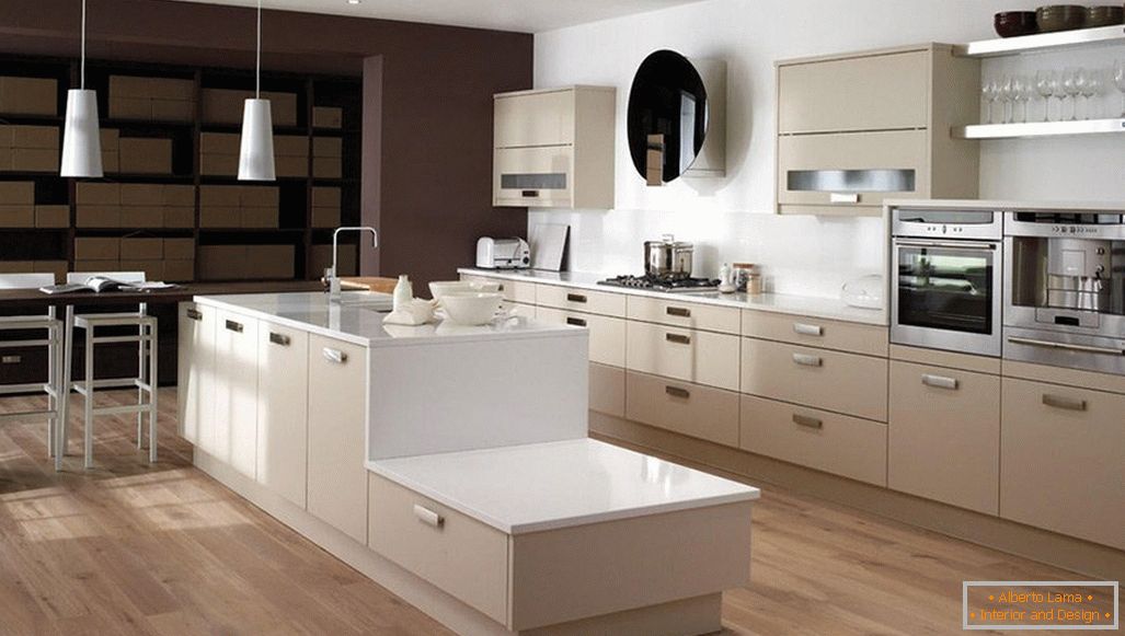 Pereții ușori din bucătărie cu mobilier de cappuccino