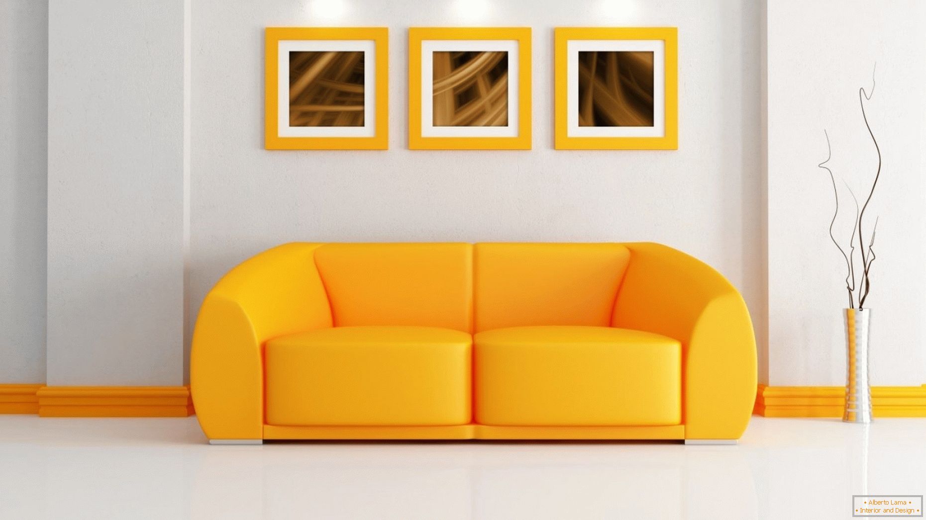 Interior luminos cu o canapea portocalie
