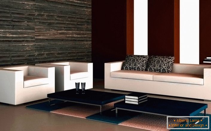 Proiect de design al livingului în stil high-tech. O canapea laconică cu două fotolii arată armonios într-un stil minimalist. 