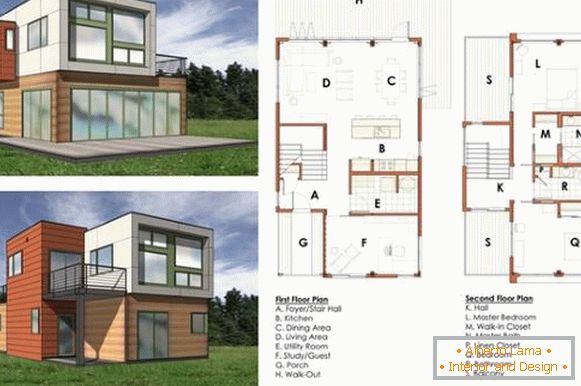 Proiectarea unei case private cu două etaje, cu desene de camere