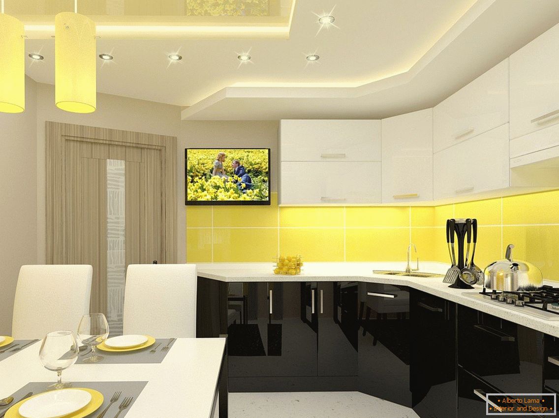 Bucătărie galbenă și mobilier alb