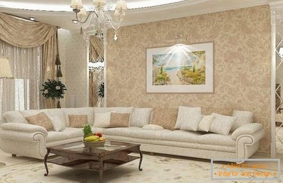 Designul clasic al camerei de zi într-o casă privată, în culori albe și bej
