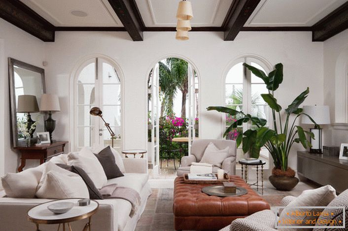 Комната для гостей оформлена в средиземноморском стиле. O decorație interioară elegantă este o plantă verde mare, înverzită, plantată într-o oală de ceramică.