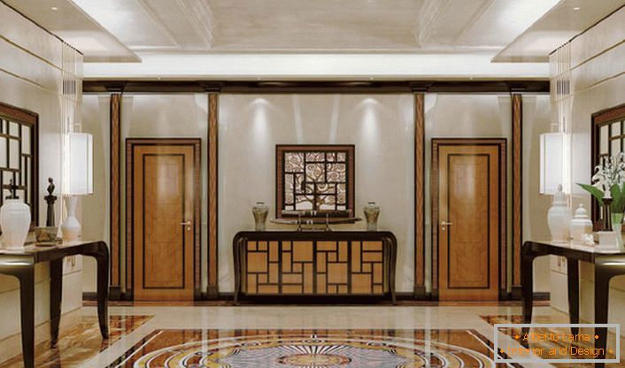 Decorarea luxoasă a sălii în stilul artei deco cu note de clasică. Un interior elegant, rafinat, fără exces de detalii decorative, pare scump și pretențios.