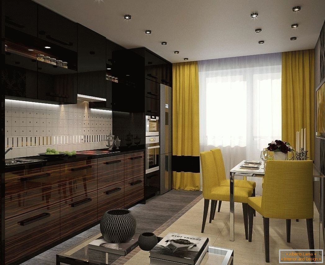 Interiorul bucătăriei negre și galbene