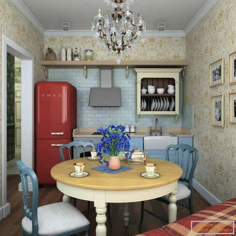 Bucătărie mică, în stil rustic, cu o masă rotundă