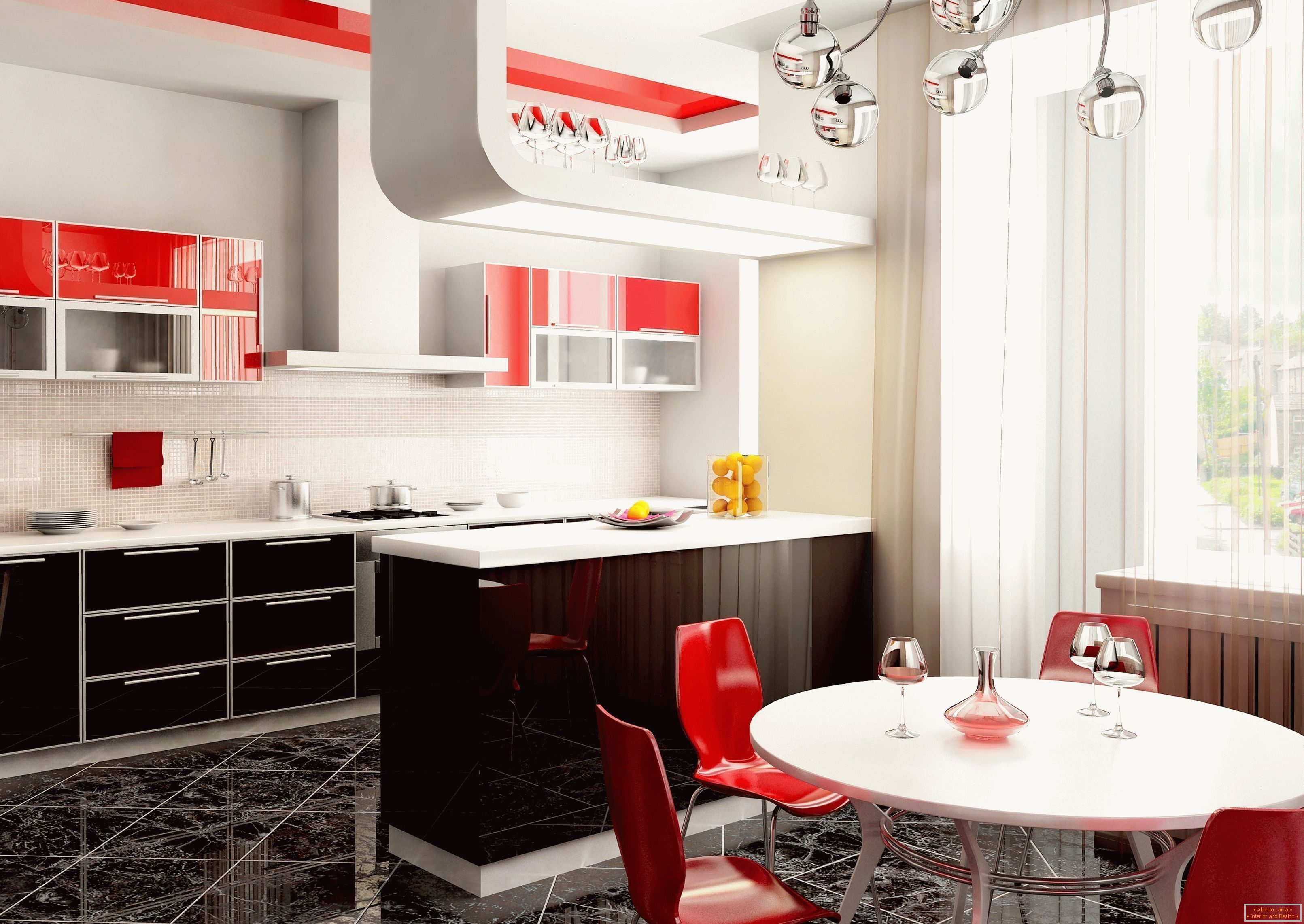 Interior luminos al bucătăriei din apartament cu accente roșii