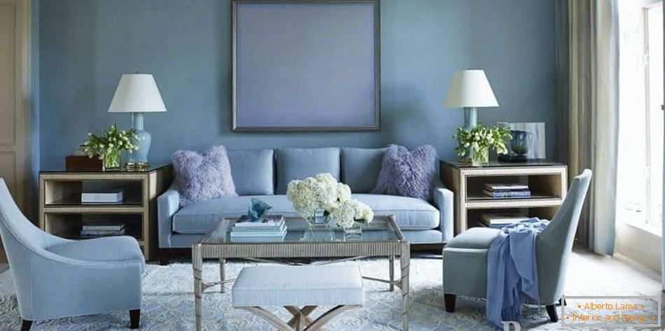 Cameră de zi elegantă pătrată în nuanțe de albastru