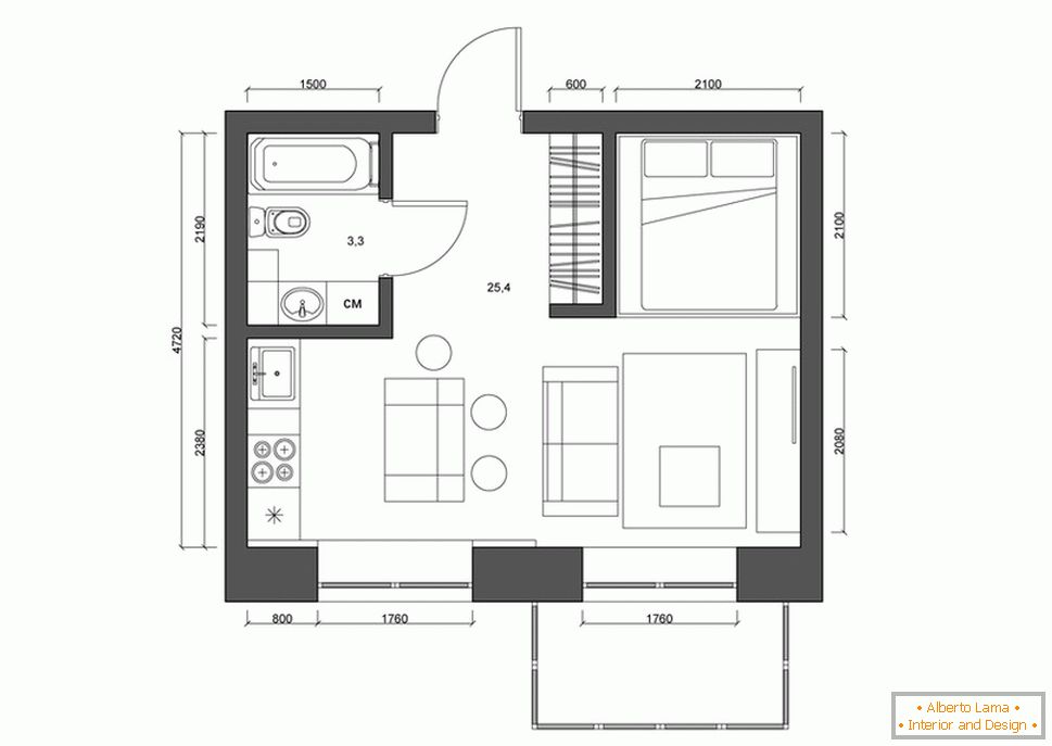 Amenajarea apartamentului 30 de metri pătrați. m în alb și negru