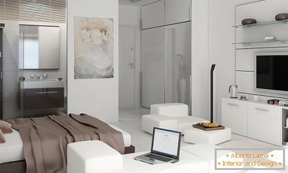Design studio apartament 25 mp în culoarea albă și culori deschise