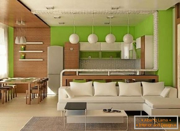 Proiect de design de apartament studio de 25 mp in tonuri albe, verde si maro