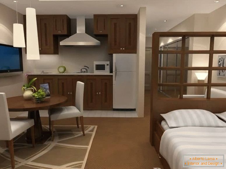 Pe acest design puteți vedea modul de separare a locului de dormit într-un apartament mic