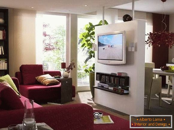 Proiectarea unui apartament cu o cameră - împărțit în două zone printr-o partiție cu televizor
