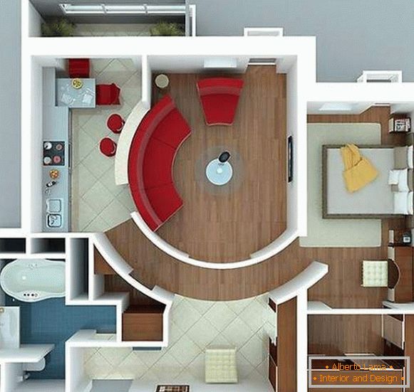 Proiect de design al unui apartament cu dormitor cu dormitor separat