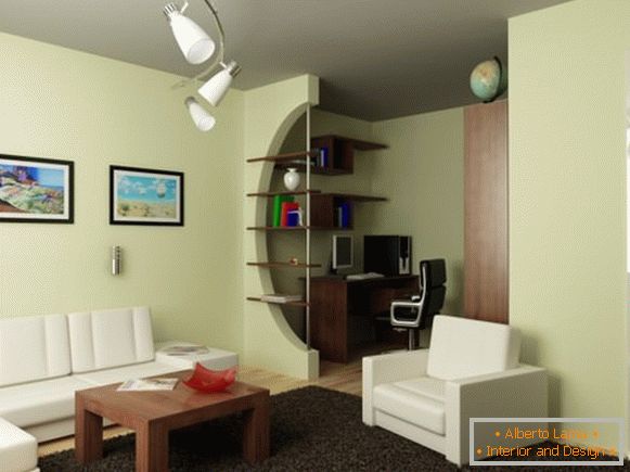 Proiectați un apartament de o cameră cu un loc de muncă - împărțit în două zone