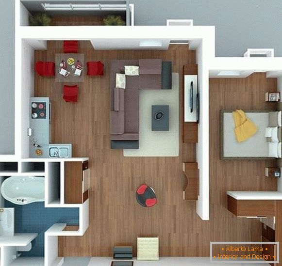 Proiect de design al unui apartament studio cu o cameră în stil modern