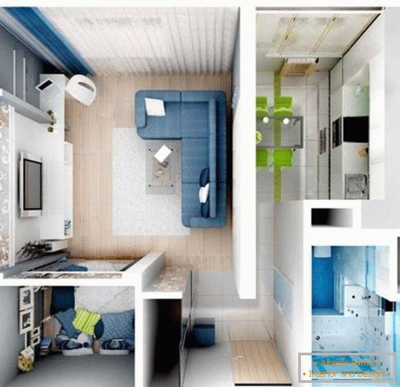 Proiect de design al unui apartament cu o cameră cu un dormitor mic