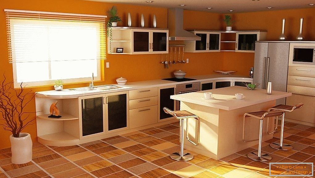Bucătărie spațioasă cu portocaliu