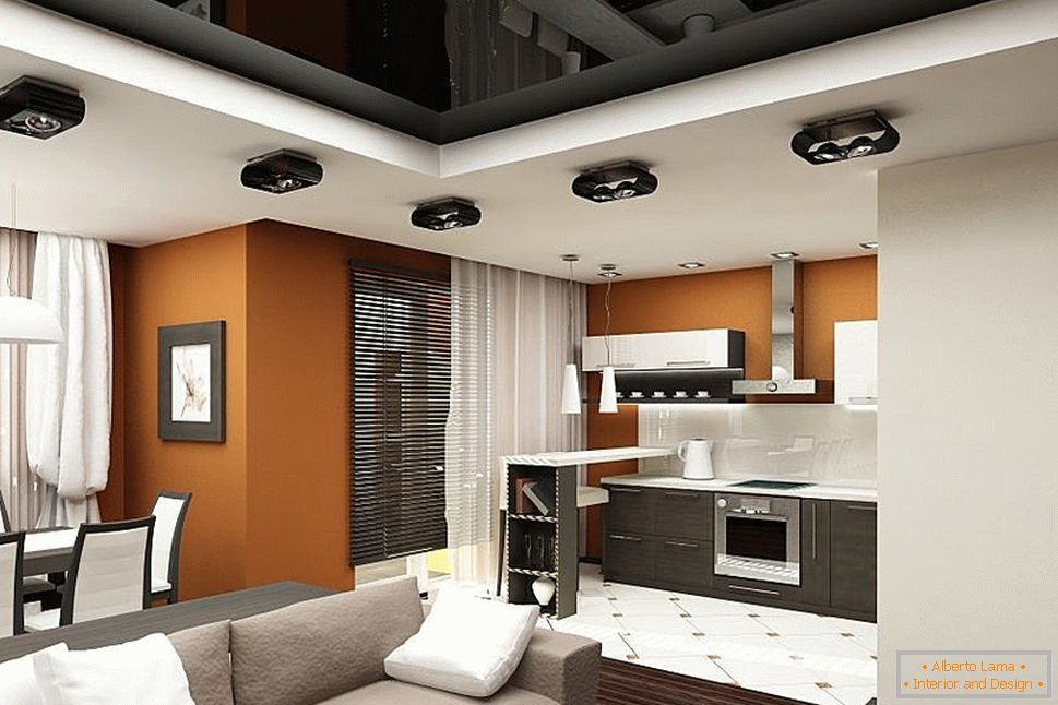 Designul tavan al livingului în apartamentul studio