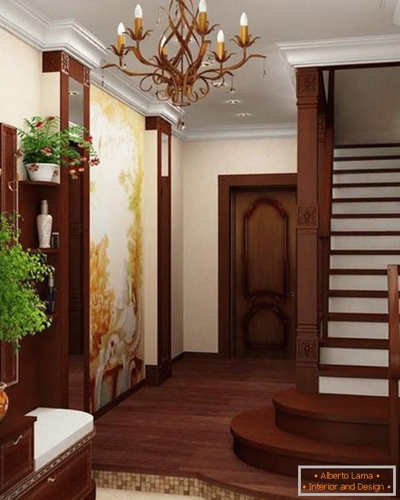 Proiectarea unui hol mic într-o casă privată cu scară până la etajul 2