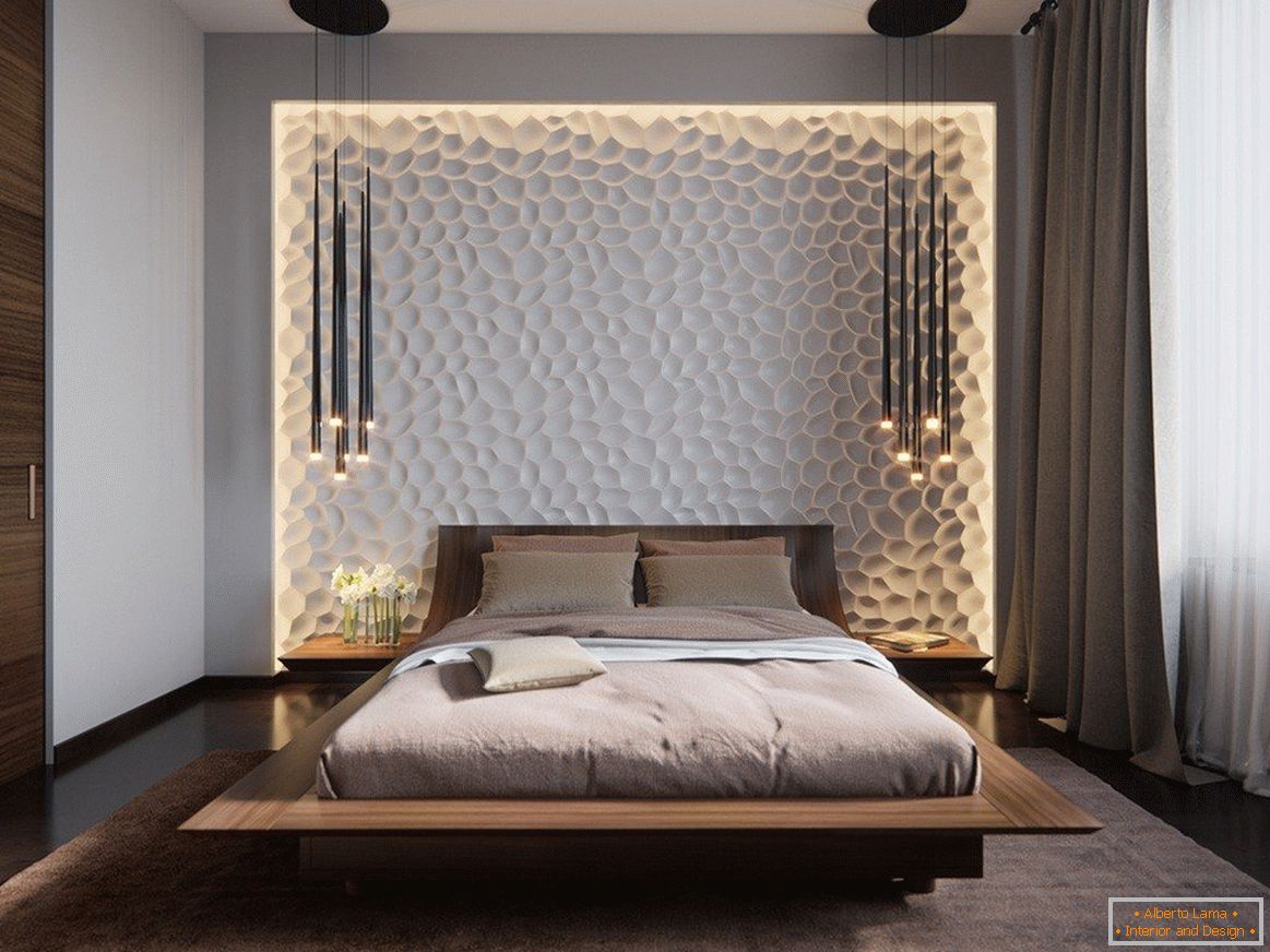 Panouri 3D pe peretele dormitorului cu iluminare