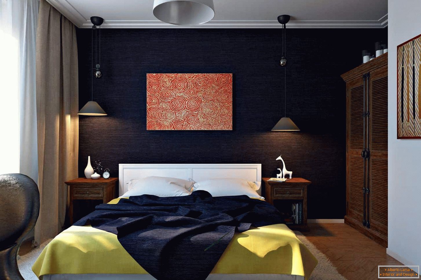Culoarea vinetei în decorarea pereților dormitorului