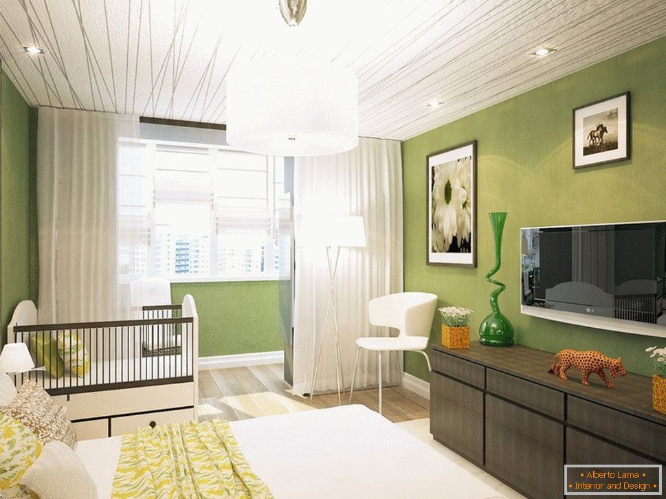 Cameră cu un dormitor verde, cu ieșire la balcon