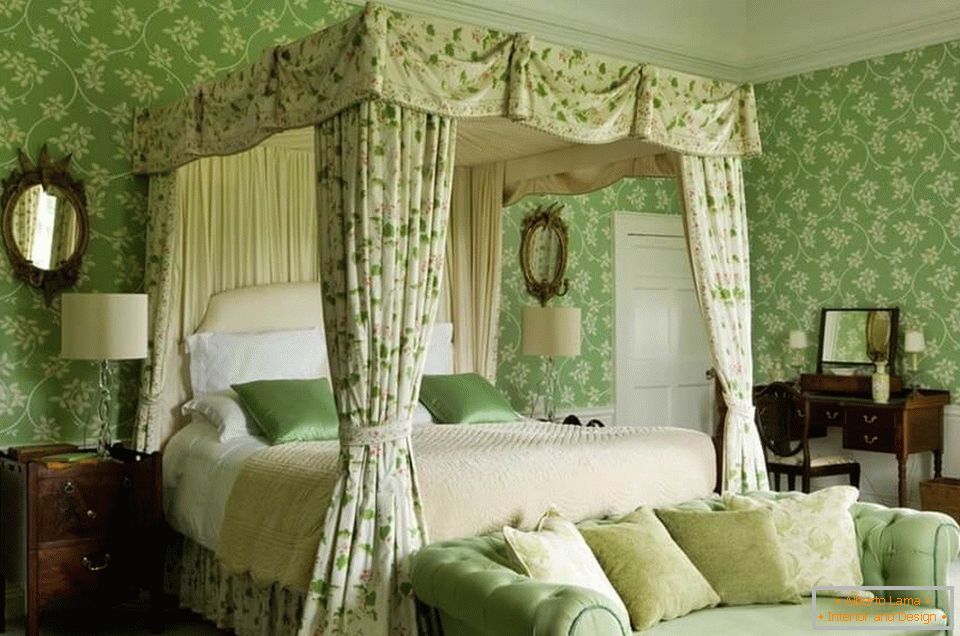 Dormitor interior în culori verzi
