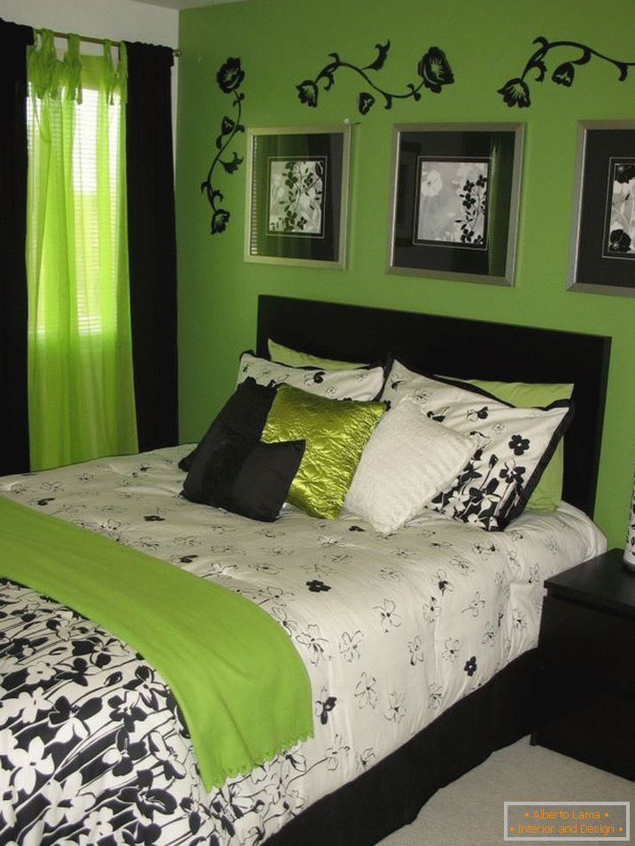 Combinația de verde și negru în interiorul dormitorului
