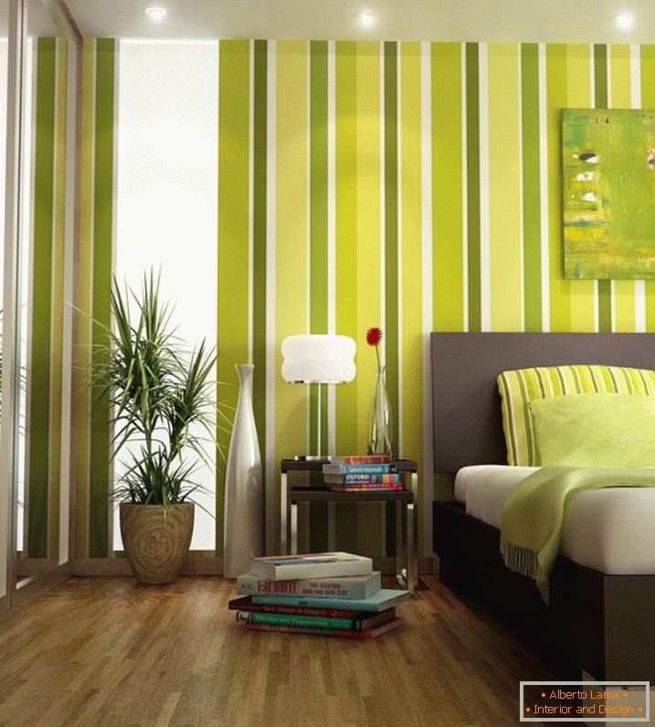 Interiorul unui dormitor mic, în culori verzi