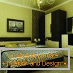 Interior elegant dormitor în tonuri verzi și maro