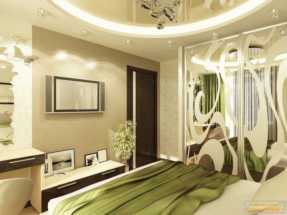 Interiorul dormitorului în tonuri verzi și luminoase de bej