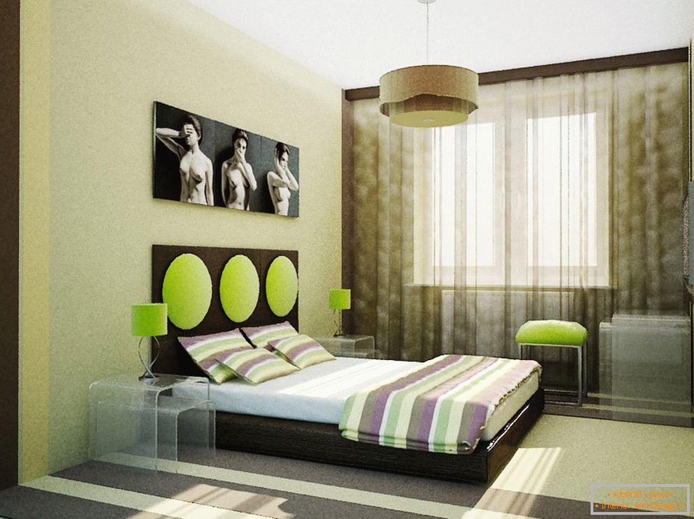 Design neobișnuit al dormitorului în culori bej verzi