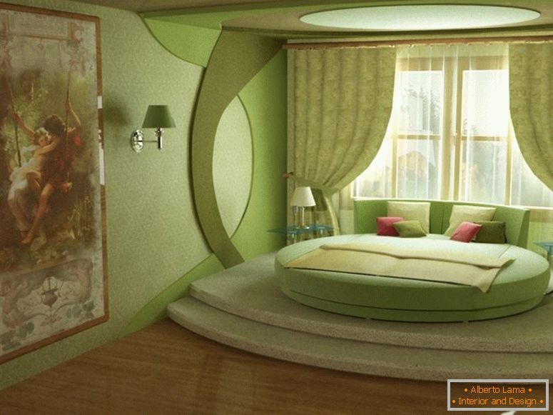 Dormitor verde cu pat rotund