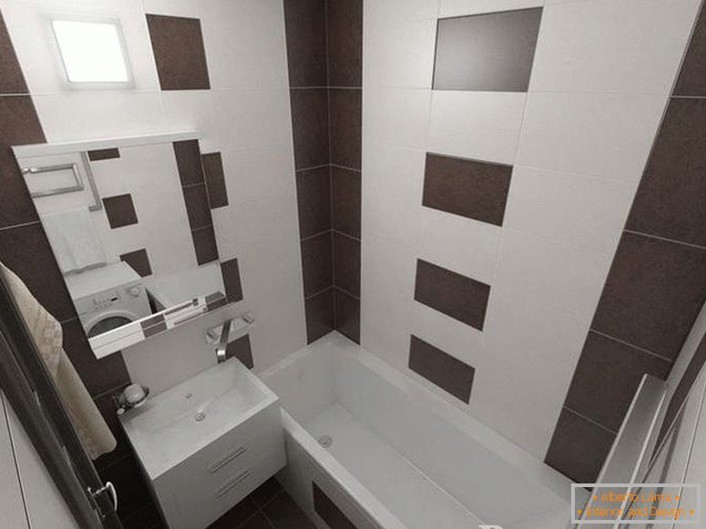 O baie mică decorată cu dale de culoare albă și brună