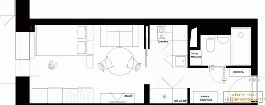Plan de amenajare a mobilierului în apartament studio