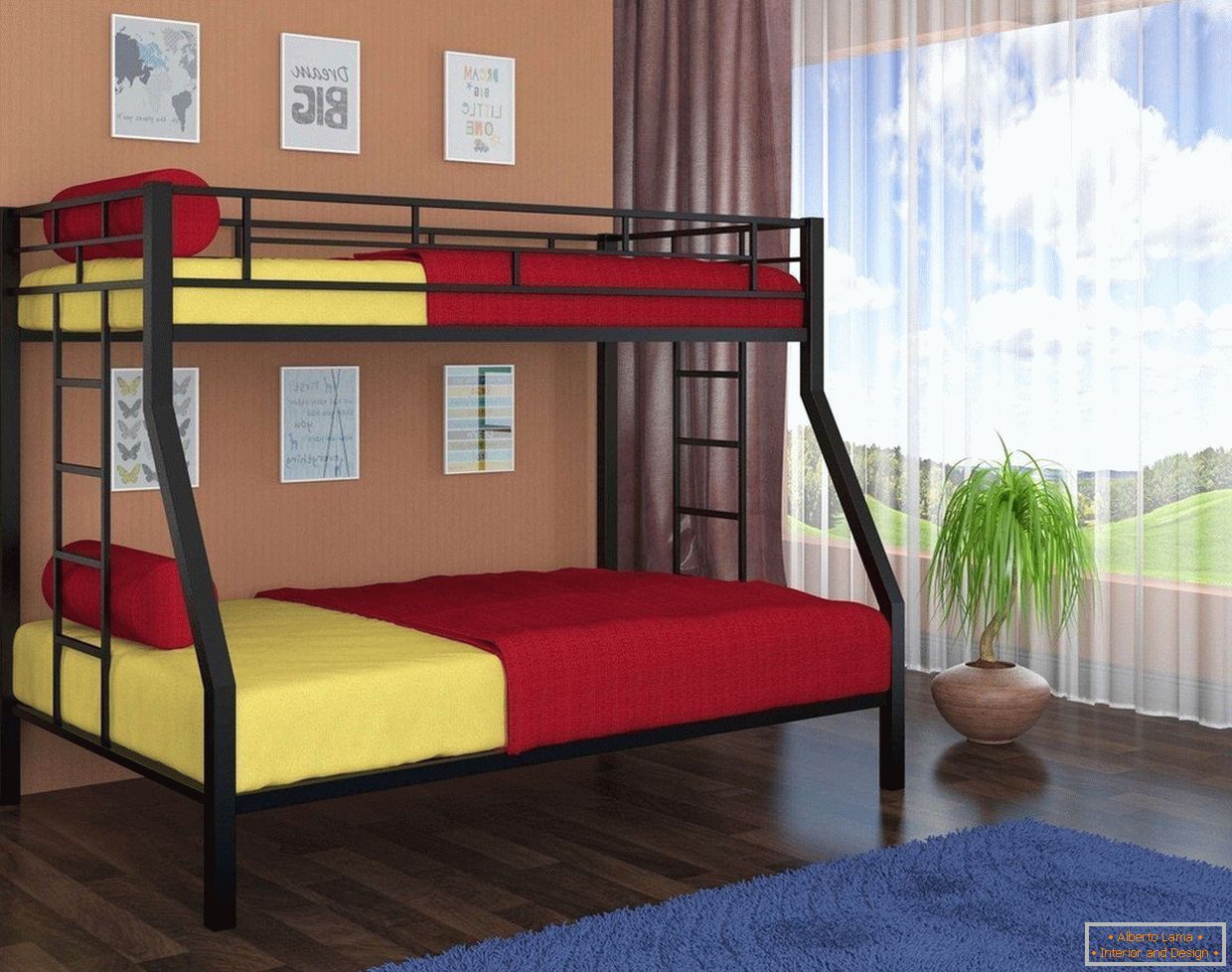 Pânză de pat galben și roșu într-un pat supraetajat