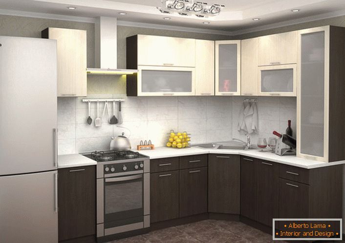 Bucătăria în formă de L, cu multe dulapuri agățate, este o soluție ideală pentru orice hostess practic.