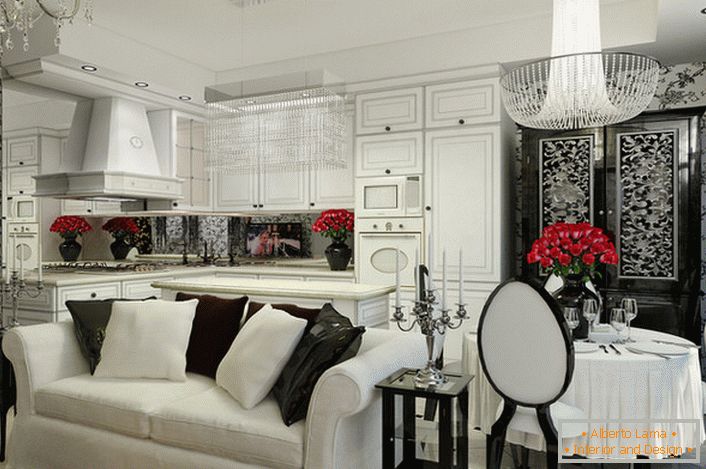 Bucătărie-cameră de zi în stil art deco cu apartament alb și aparate încorporate.