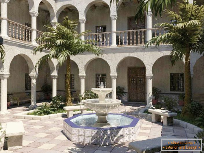 Cel mai bun decor pentru o curte în stil mediteranean este o fântână. Fântână elegantă, cu mai multe etaje, de mici dimensiuni, în zona de recreere.