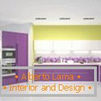 Bucătărie spațioasă galben și purpuriu