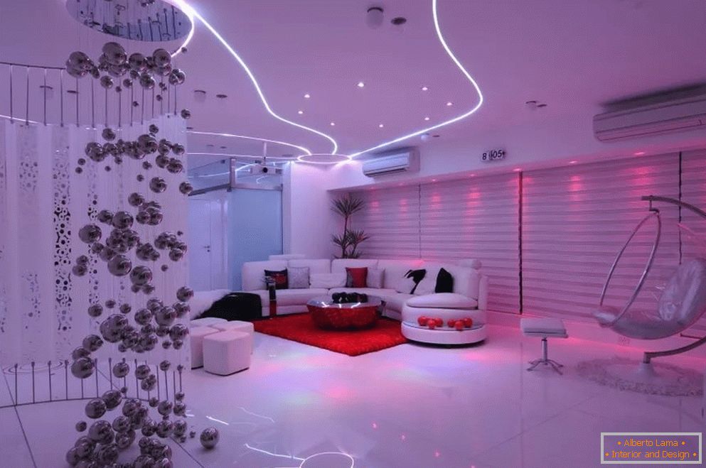 Interior în stilul futurismului в светлых тонах с цветной подсветкой