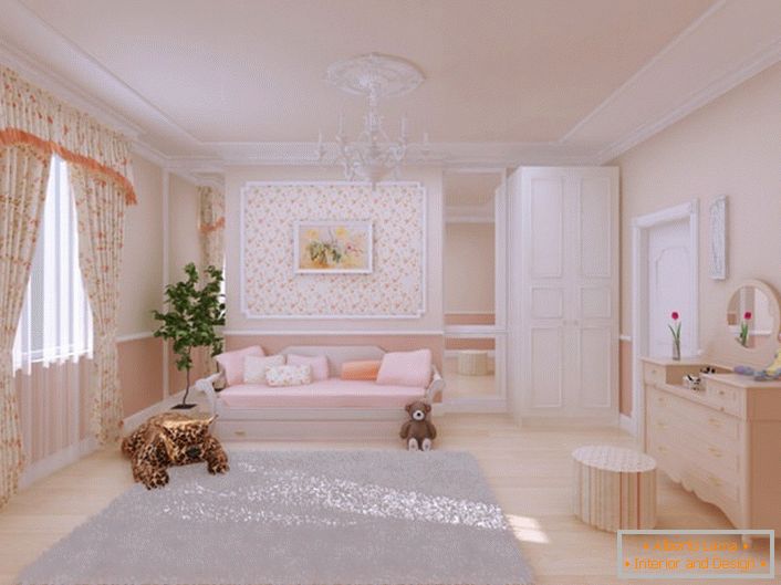 O cameră frumoasă pentru copii este decorată în stilul țării. Pentru decor este de asemenea utilizat stuc de poliuretan. 