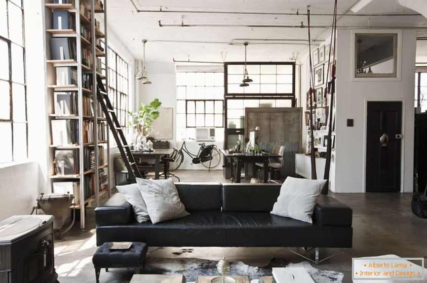 Design de lounge alb-negru în stil loft
